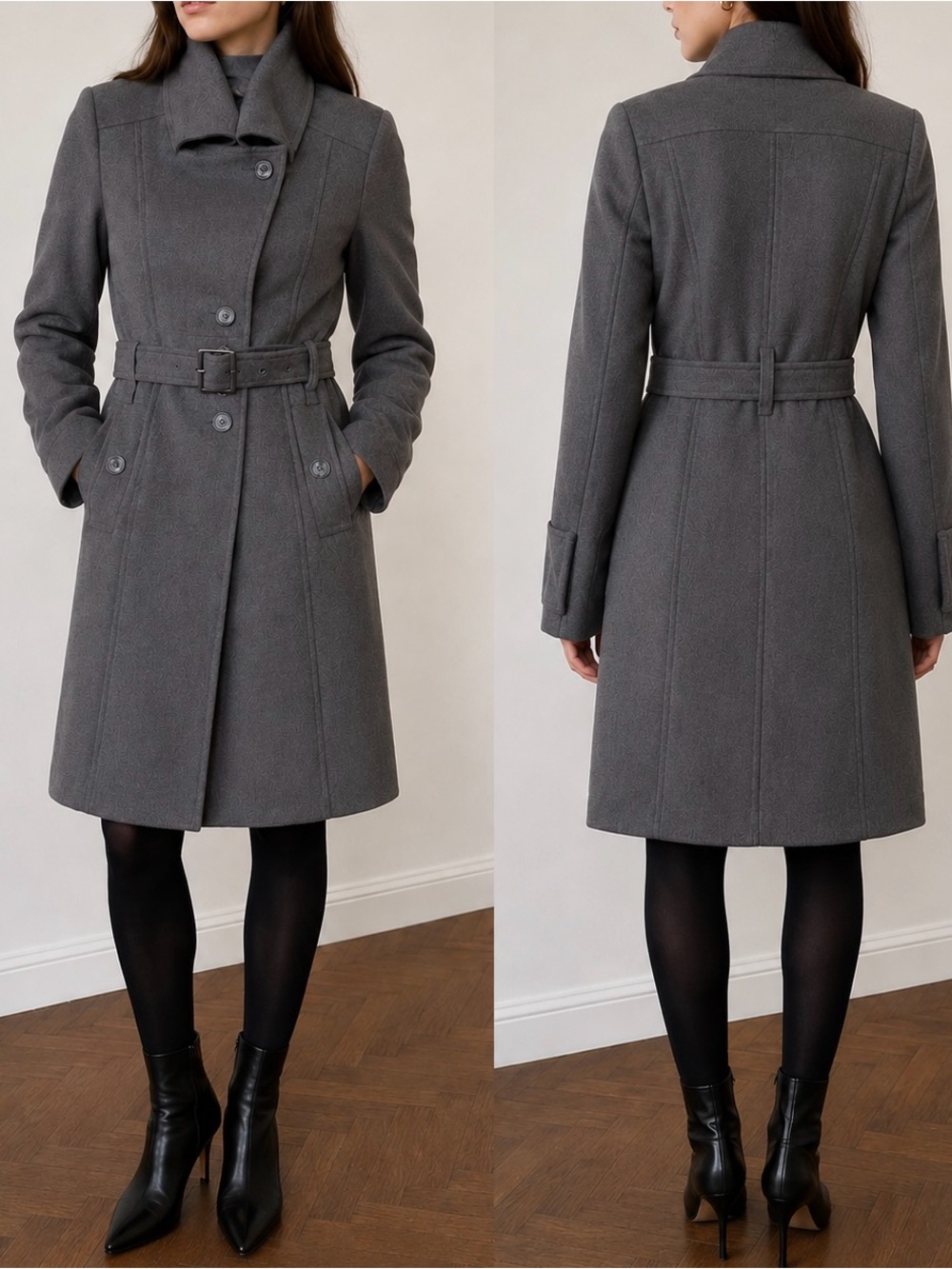 Women's Tailored Grey Wool-Blend Belted Coat